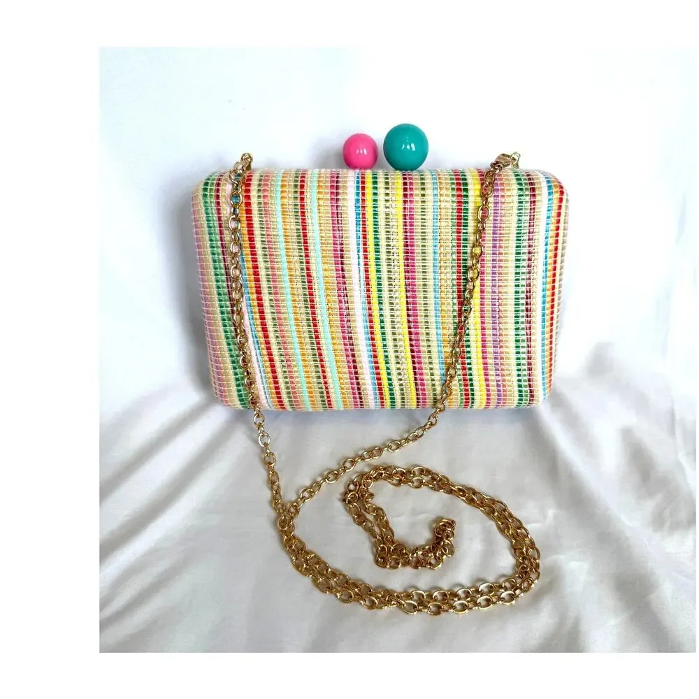 Shiraleah August Minaudiere Crossbody Box Clutch, Teal Pink Spring Stripe Twee - Picture 2 of 7